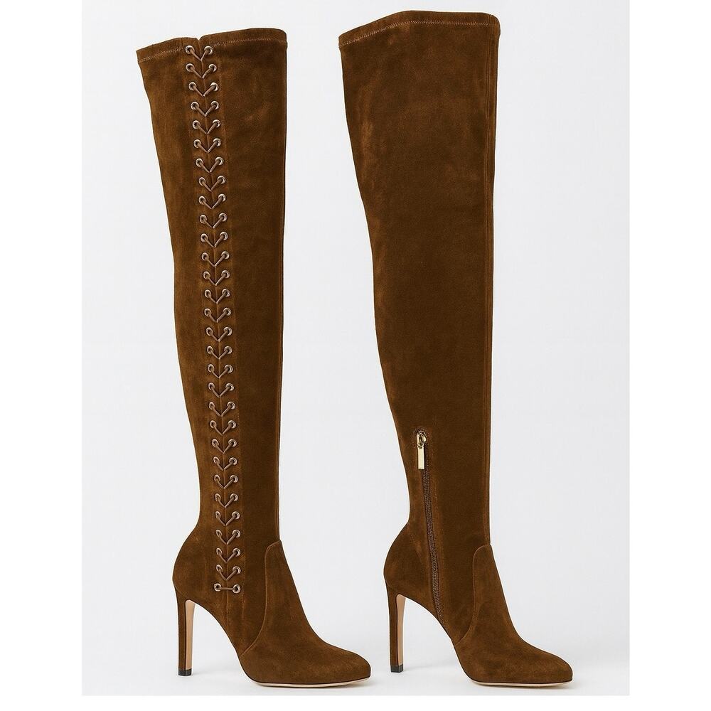 Jimmy Choo Marie 100 Brown Suede Over Knee Sock Boots Lace Up Heel EU 36
